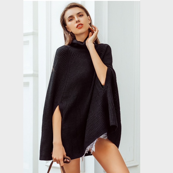 Black Knit Turtleneck Poncho Cloak Sleeveless Sweater - Picture 10 of 15